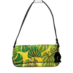 Vgt Retro Liz Claiborne Tropical Monstera Woven Straw/Faux Leather Shoulder Bag